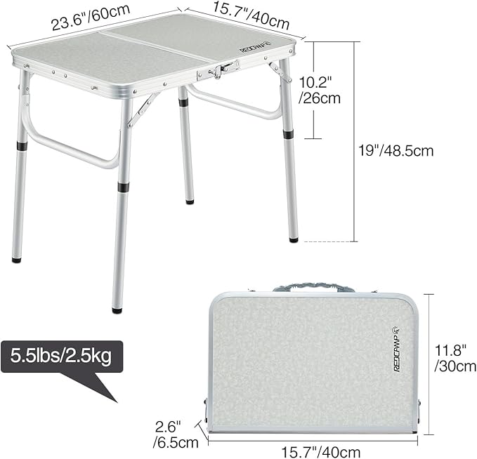 REDCAMP Small Folding Table Adjustable Height 23.6x15.7x10.2/19 Aluminum Camping Table Lightweight