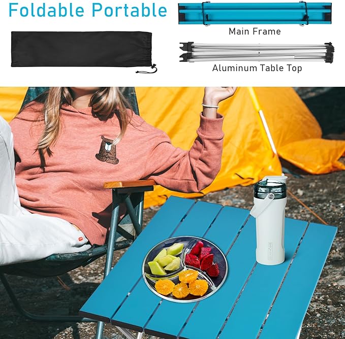Tesouro Portable Camping TableFolding Side Table Aluminum Top for Outdoor Cooking Hiking Travel Picnic (Blue-Medium)
