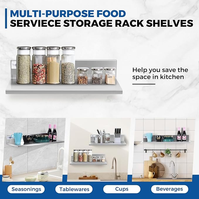 Profeeshaw Stainless Steel Shelf Wall Mounted Commercial Stainless Steel Shelves 8.6 * 16 Inch 44lb Heavy Duty Commercial Kitchen Shelf for Restaurant Bar Utility Room Kitchen and Garage