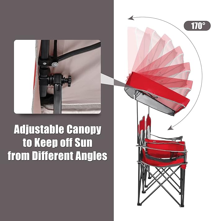 GYMAX Double Camping Chair Beach Chair with Canopy Shade Adjustable UV Protection Cooler Cup Holder &amp Carry Bag Folding Portable Lawn Soccer Camp Chair with Umbrella for Adults (Red 2 Person