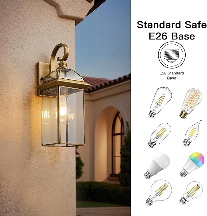 Brass Rustproof Outdoor Wall Sconces 2-Pack - All-Weather Waterproof Porch Lanterns with E26 Socket Front Door Exterior Lights for Yard Entryway
