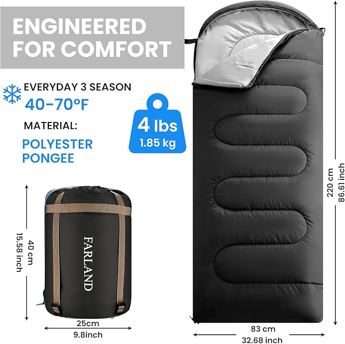 FARLAND Sleeping Bags 30℉ for Adults Teens Kids with Compression Sack Portable and Lightweight for 3-4 Season Camping HikingWaterproof Backpacking and Outdoors