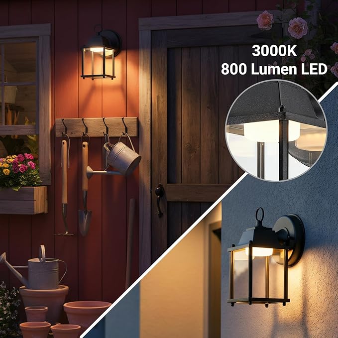 LIT-PaTH Outdoor LED Wall Lantern Wall Sconce Exterior Porch Lighting Fixture 3000K Warm White 9.5W 800 Lumen Aluminum Housing Plus Glass Black Finish 2-Pack