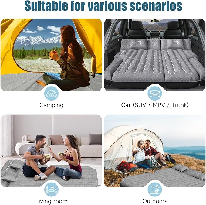 Inflatable SUV Air Mattress: Double-Sided Flocking Car Mattresses for Back SUV Travel Camping Sleeping Bed with Air Pump 2 Pillows