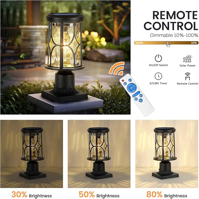 zeyu Outdoor Solar Column Light with Pier Mount Exterior Post Lighting Fixture with Remote Die-Cast Aluminum with Water Ripple Glass Shade Black Finish ZX48P-WG SL BK