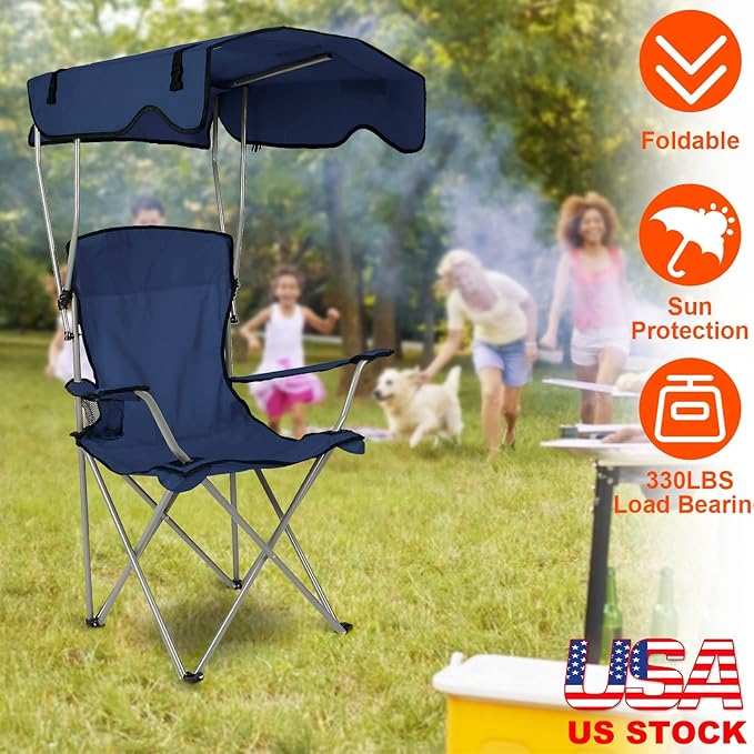 Camp Chair with Shade Canopy Heavy Duty Max Shade Folding Camping Lawn Chair with Cup Holder UPF 50+ Sun Protection Portable Beach Lounge Chair for Outdoor Sports Support 330 LBS (Navy Blue)