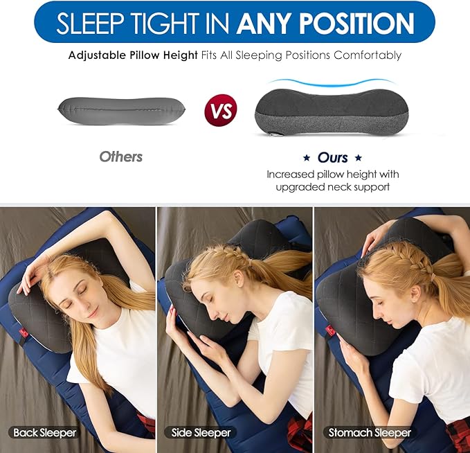 Hikenture Ultralight Inflatable Pillow with Removable Cover and 4 Thick Self Inflating Sleeping Pad Set