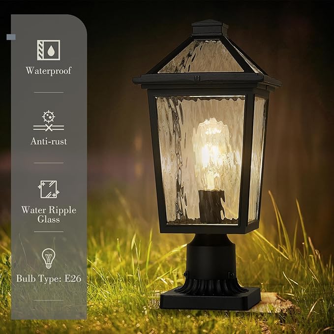 zeyu 16.5 Inch Large Post Lights Post Lamps Outdoor for Garden Porch Die-Cast Aluminum with Water Ripple Glass Black Finish ZX58MP-SW BK