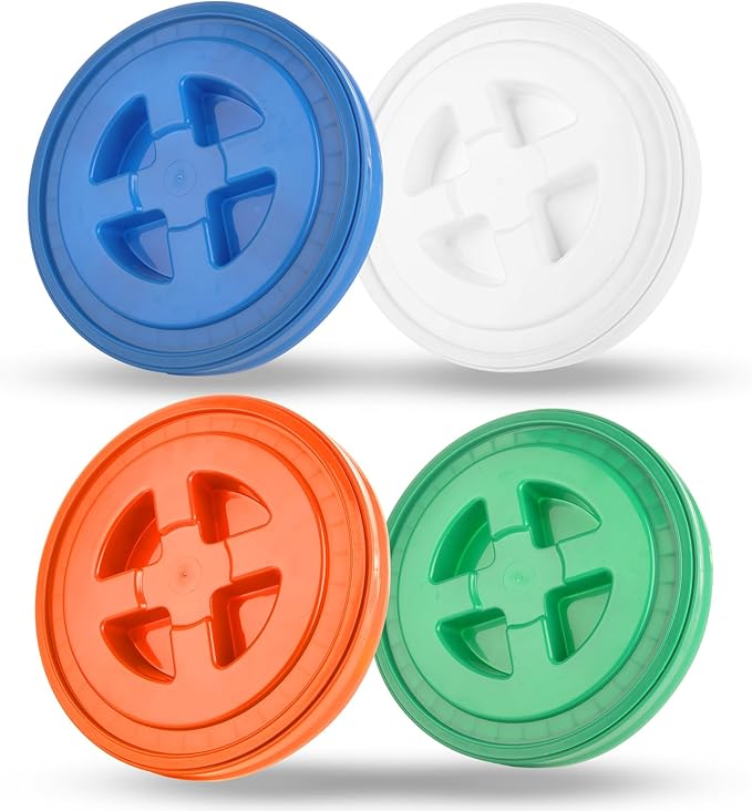 4 Pieces 5 Gallon Leak-Proof Bucket Lid Food Grade Plastic Storage Buckets Screw Seal Lids Screw Pail Lid Pet Food Storage Chicken Feeders (White Blue Green Orange)