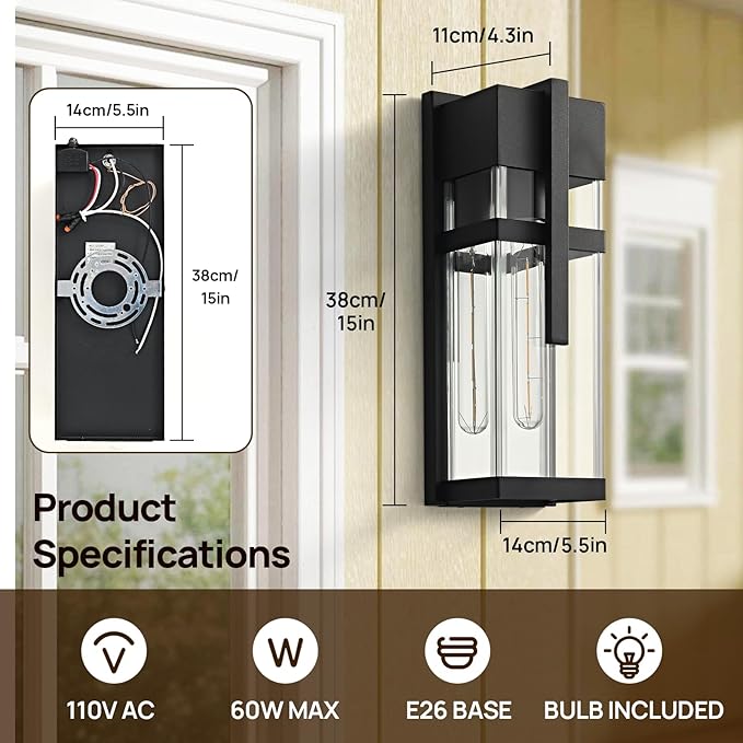 Dusk to Dawn Outdoor Wall Light Waterproof Exterior Lighting Fixtures Black Outdoor Sconces Lights with Tempered Glass 15''H Outside Lantern for Porch Patio Garage2-PackBulb Included