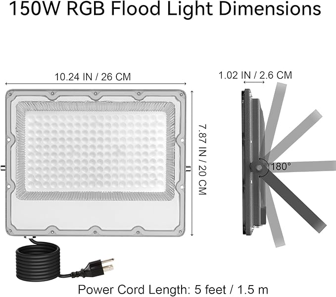 RGB LED Flood Lights Outdoor 150W (1400W Equivalent) Color Changing Smart Lights 15000LM Bluetooth App &amp 2.4G Remote Control IP66 Waterproof Music Sync Timer 16 Million Colors(2-Pack)