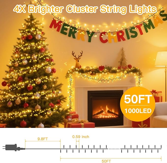 1000 LED 50FT Cluster String Lights Outdoor Warm White Waterproof Christmas Tree Firecrackers String Lights with 8 Modes &amp Timer Plug in Twinkle Fairy Lights Decor for Indoor Xmas Party Bedroom