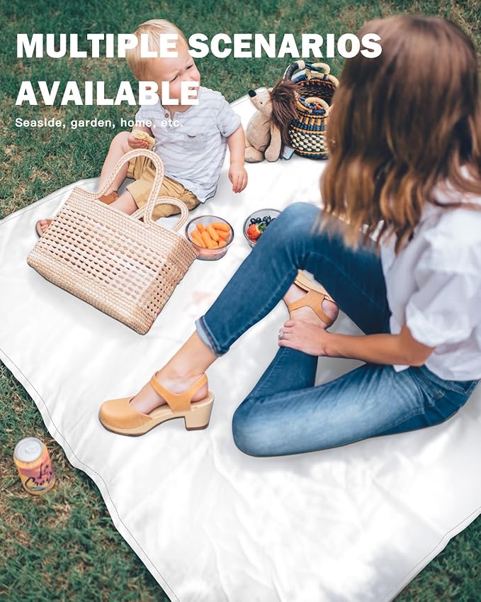 Beach Blanket Waterproof Sandproof 84”x80” Solid White Oversized Beach Mat with 4 Corner Sand Pocket &amp 4 Stakes Outdoor Picnic Mat for Camping Travel