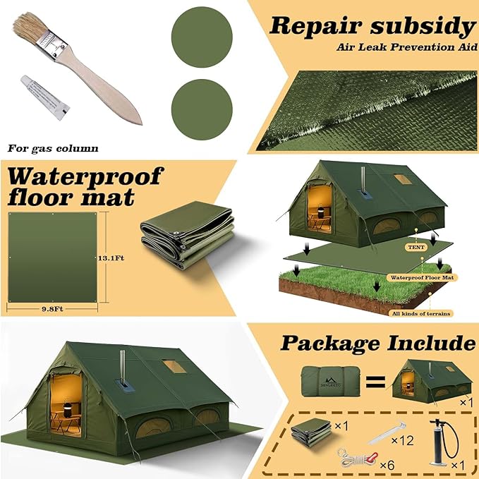 Inflatable Camping Tents 8-10 Person129 Square Feets Large Inflatable Camping Tent with Stove JackBlow up Tent with Mesh Windows &amp Pump