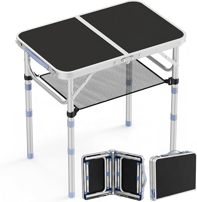 Small Folding Table Portable 2FT Camping Pinic Table with 3 Adjustable Height Aluminum Foldable Lightweight Patio Side Table with Carry Handle for Outdoor Hiking Camp BBQ Beach (Black)