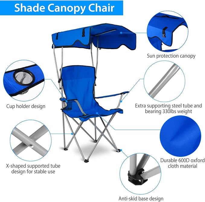 Moclever Folding Canopy Camp Chair – Heavy Duty Beach Chair with Sun Protection Cup Holder &amp Padded Armrests for Outdoor Camping Lawn Park Patio (Blue)