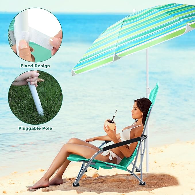 Huwena 2 Pack Beach Chair for Adult with 2 Umbrella Low Folding Chair Detachable Adjustable Lightweight with Armrests Cup Holder Carry Bag Portable for Sand Camping Travel Outdoor Pool (Green)