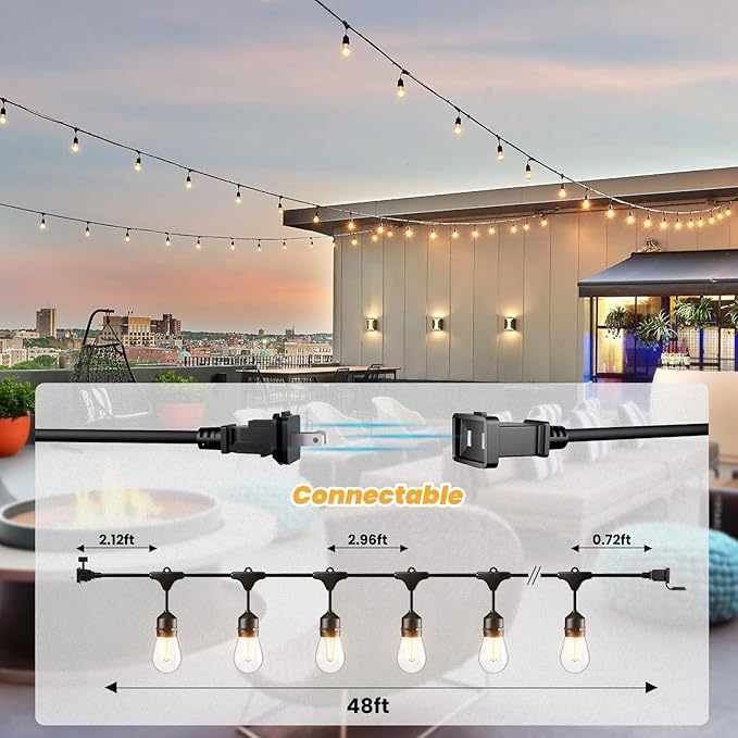 Svater 96 FT Outdoor String Lights 2W Patio Light for Outside with 32 Antique S14 Plastic LED Bulbs IP65 Waterproof Hanging Cafe Market Lighting ETL-Listed Dimmable Warm White 2700K (48 FT x 2)