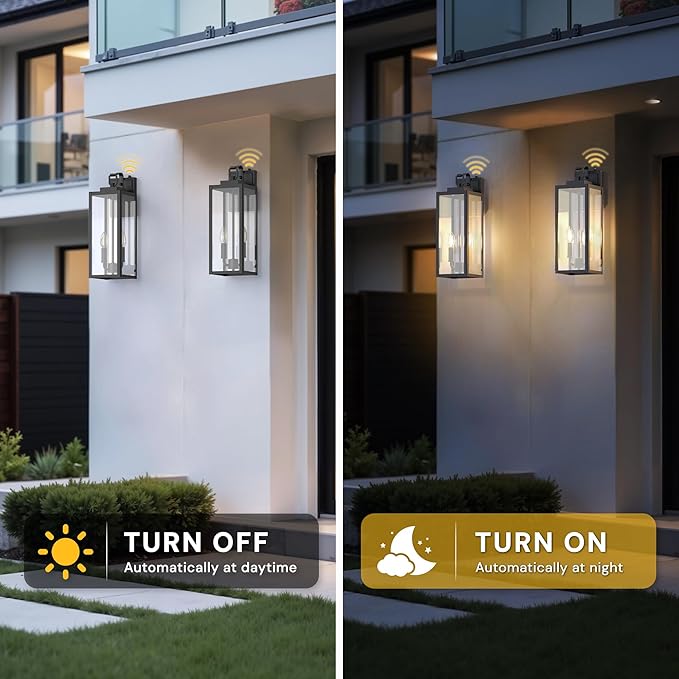 L LOHAS LED 18 Inch Dusk to Dawn Outdoor Wall Lights 2-Light Black Outdoor Wall Sconce Lantern with Clear Glass Shade Tall Transitional Exterior Light Fixtures for Porch Garage ETL Listed 2 Pack