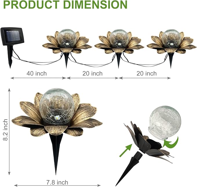 LEWIS&ampWAYNE Solar Garden Lights Outdoor 3 Pcs Coppery Lotus Flower Pathway Lamps with Cool White Crackle Glass Globe Led Lights for Patio Pathway Yard Balcony Garden Decorations