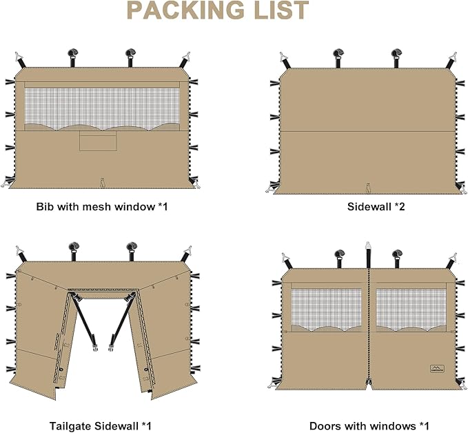 KAMPKEEPER 5pcs Sidewalls for 10X10 Commercial Instant Canopy Tent Converts Canopy into Tent for Camping with Removable SUV Tailgate - Khaki (Canopy Pole/Shelter NOT Included)