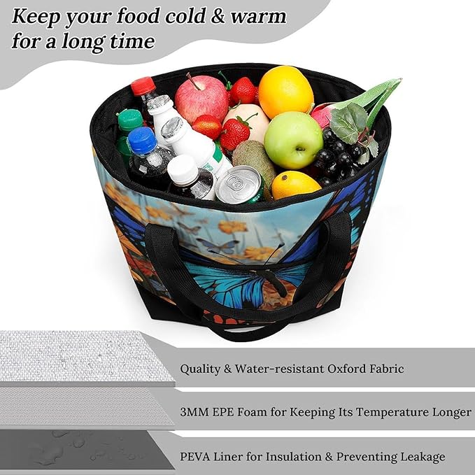 Insulated Shopping BagLarge Reusable Cooler Bags Big Butterfly Printed Foldable Shopping BagTravel Waterproof Shoulder Bag