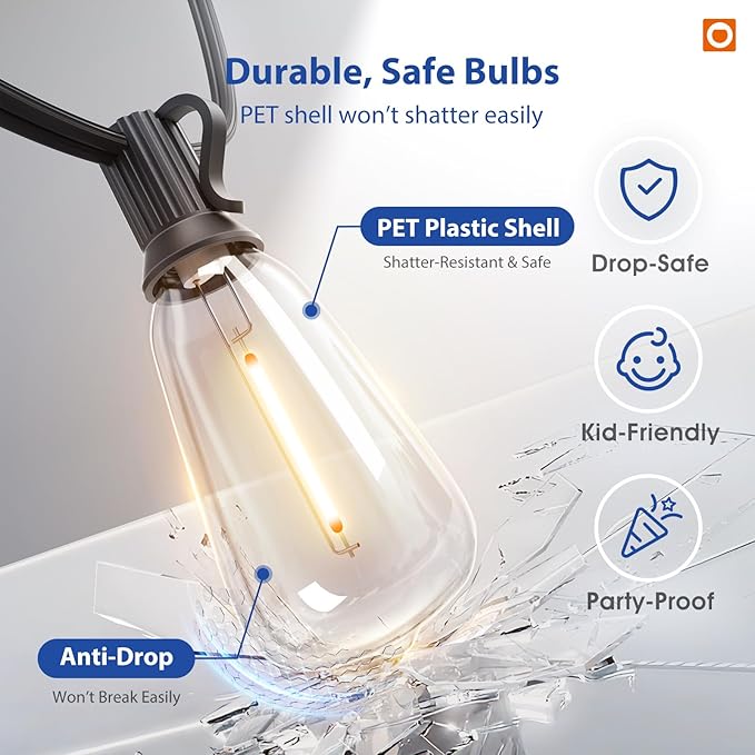 addlon 100FT LED Outdoor String Lights with APP Control Waterproof Patio Lights with Shatterproof ST38 Bulbs Dimmable Outside Hanging Light Connectable for Porch Backyard Bristo Garden
