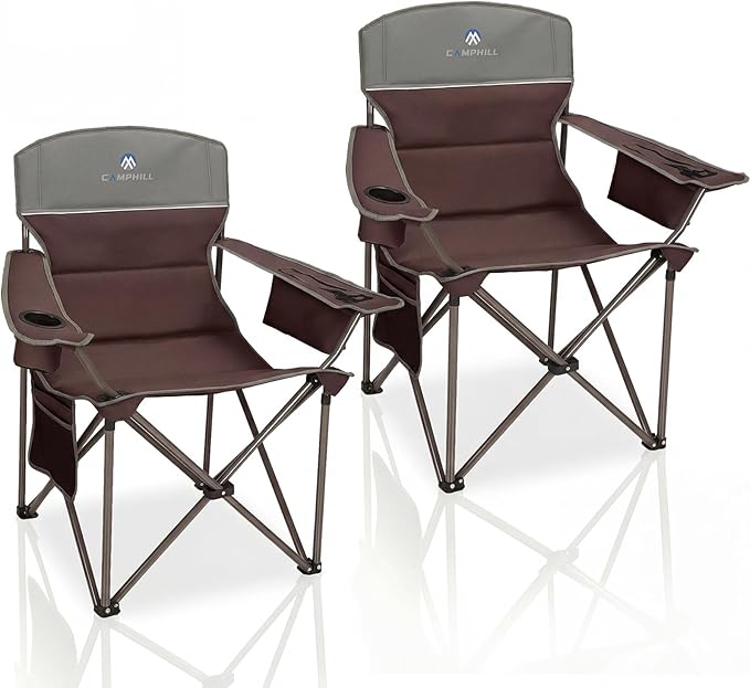 CAMPHILL Oversized Camping Chairs 2 Pack - Heavy Duty 400LBS Padded Lawn Chair with Cooler BagCup HolderSide PocketCollapsible for OutdoorCampFishing &amp GardenMaroon