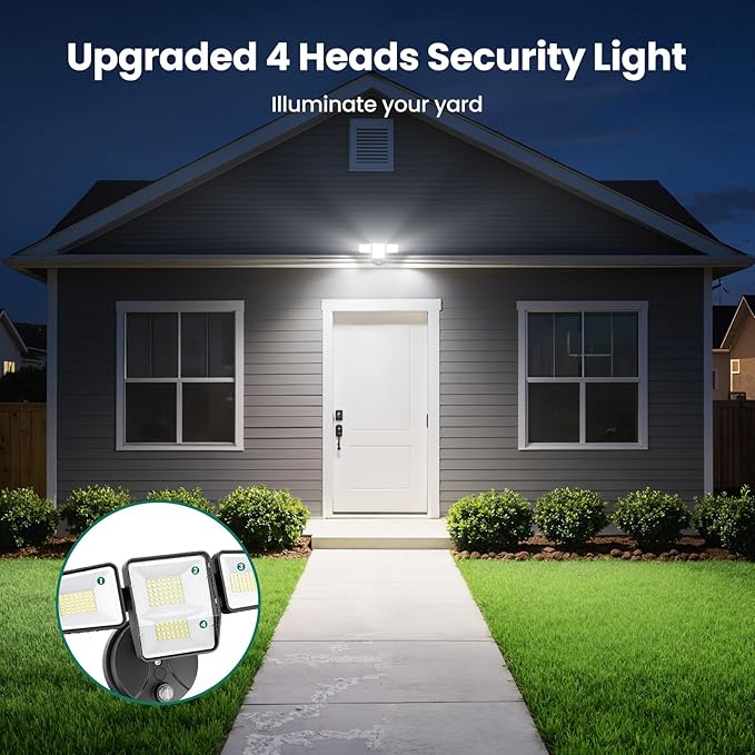 70W Dusk to Dawn Flood Lights Outdoor Lighting 7000LM Dusk Till Dawn Floodlight 4 Heads LED Security Light with Photocell IP65 Waterproof 6500K Daylight for Yard Garage Porch 2 Pack Black