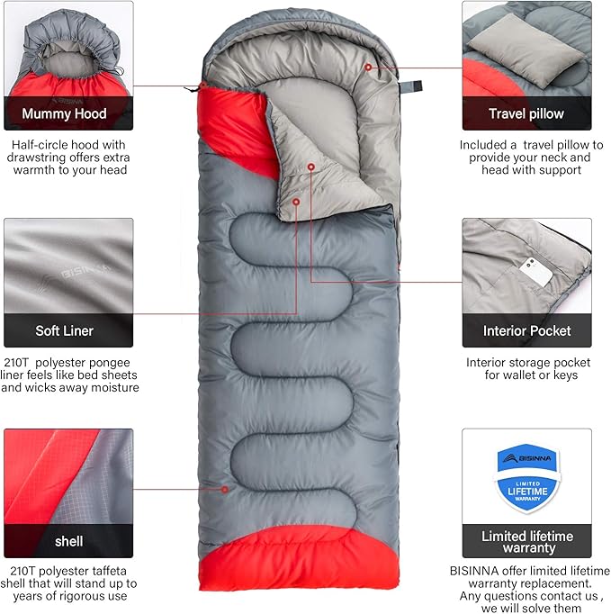 BISINNA Sleeping Bag with Pillow - 4 Season Backpacking Sleeping Bag Lightweight Waterproof Warm and Washable for Adults Kids Women Men's Outdoors Camping Hiking Mountaineering