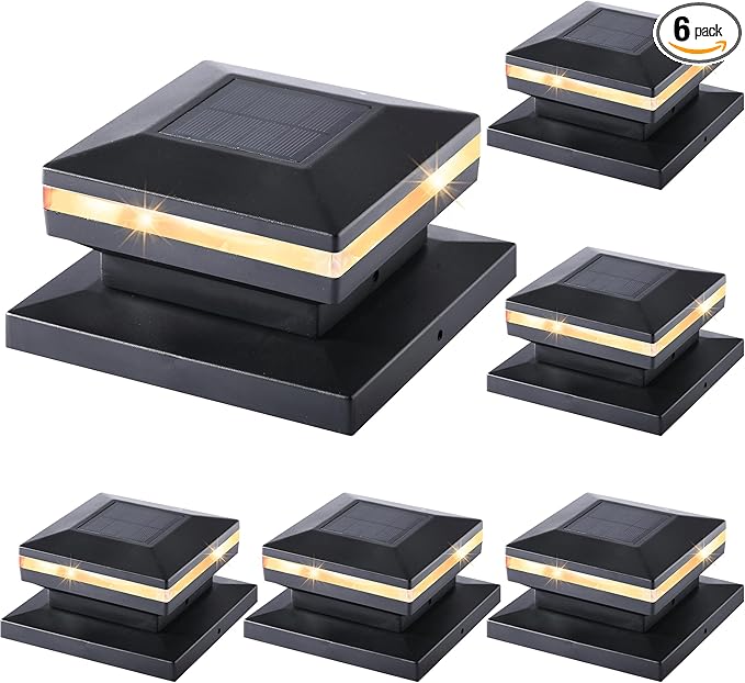 Dynaming 6 Pack Solar Post Cap Lights Outdoor Decorative Solar Lights Black Shell Caps Fit 4x4 5x5 6x6 Vinyl/Wooden Posts Brightness Warm White LED Lighting for Garden Fence Deck Patio