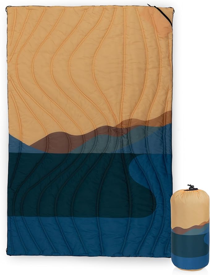 Picnic TIME Aura Outdoor Puffer Blanket Water-Repellent Puffy Printed Picnic Blanket for Camping and Park Large Cozy Outdoor Mat with Drawstring Bag Corner Loops and Pocket (Sunrise Mountain)