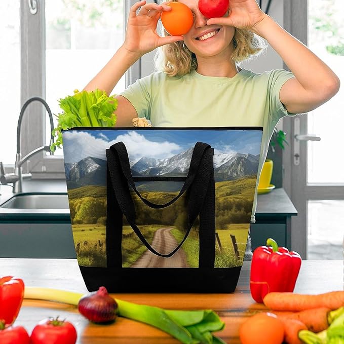 Insulated Shopping BagLarge Reusable Cooler Bags Countryside Road Printed Foldable Shopping BagTravel Waterproof Shoulder Bag
