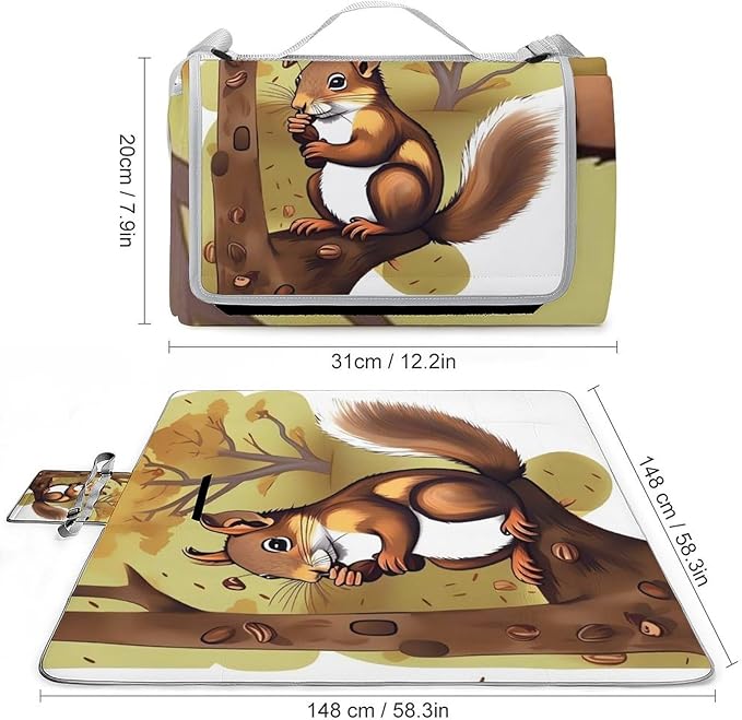Nut-Eating Squirrel Beach BlanketPortable Waterproof Picnic Blanket58.3''x 58.3'' Extra Large Picnic Mat for BeachCamping Grass Lawn Park Accessorie for Festival BBQ