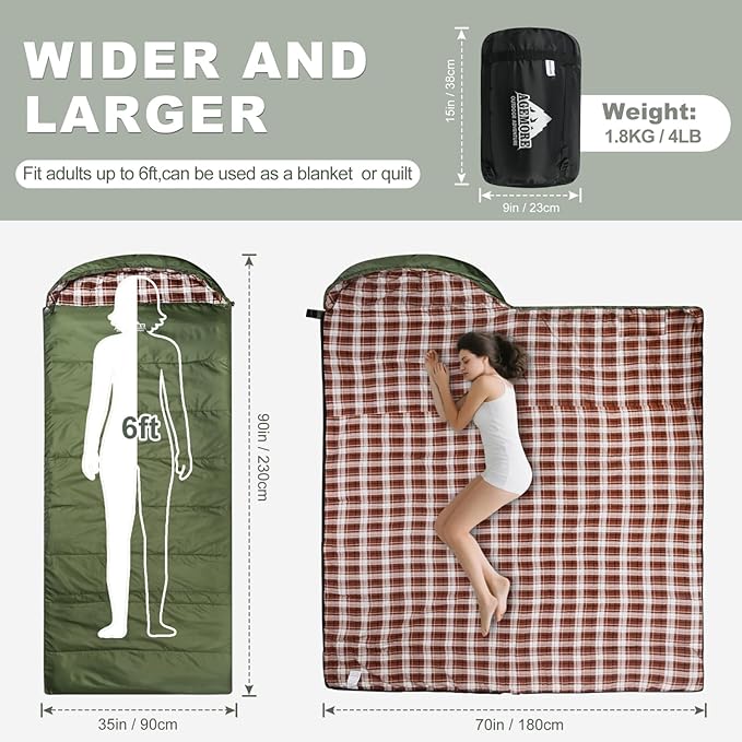 AGEMORE Cotton Flannel Sleeping Bag for Adults Lightweight XXL Cotton Sleeping Bag for Camping Backpacking or Hiking Water Resistant 3-4 Season Sleeping bag for Warm &amp Cool Weather