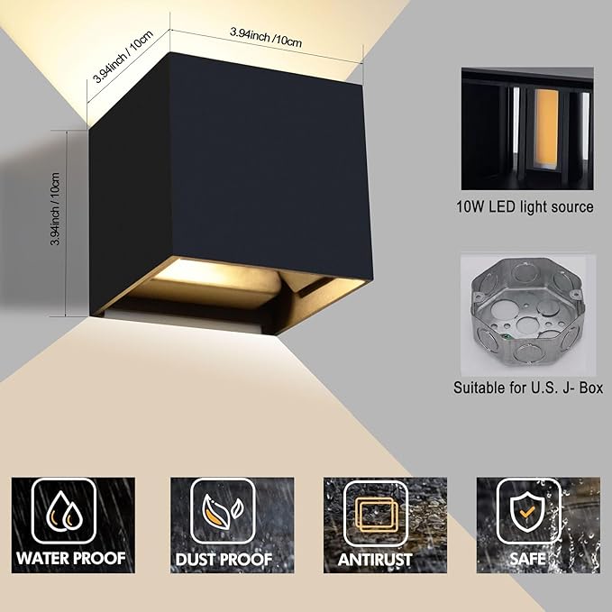 Wall Sconces Set of Two Porch Lights Outdoor LED Wall Lights for Bedroom Living Room IP65 Wall Lamps Modern Fixtures 10w Patio Porch Lighting Durable Exterior Patio Lights (2-Pack)