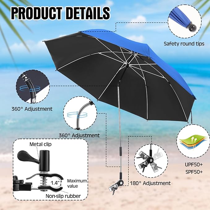 Talltalk 2 Pcs Beach Umbrella with Universal Clamp Adjustable Beach Shade UV Protection Chair Portable Outdoor Umbrella for Camping Patio Chairs Golf Carts