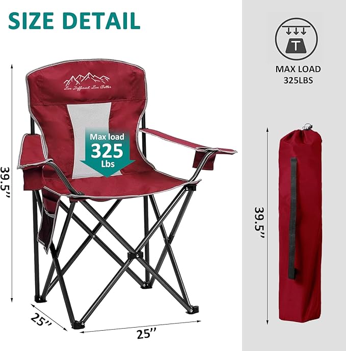 2PCS SAILARY Mesh Folding Camping Chairs Oversized Portable Outdoor Chairs Weight Capacity 325 lbs with Cup Holder Storage Pocket Carry Bag Red
