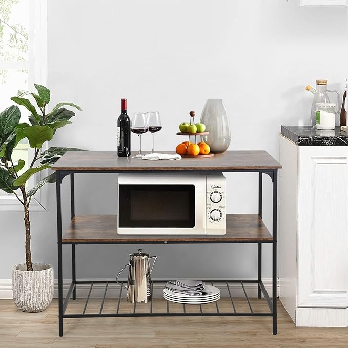 3 Tier Kitchen CounterWooden Table TopKitchen Island Large Storage SpaceBrown