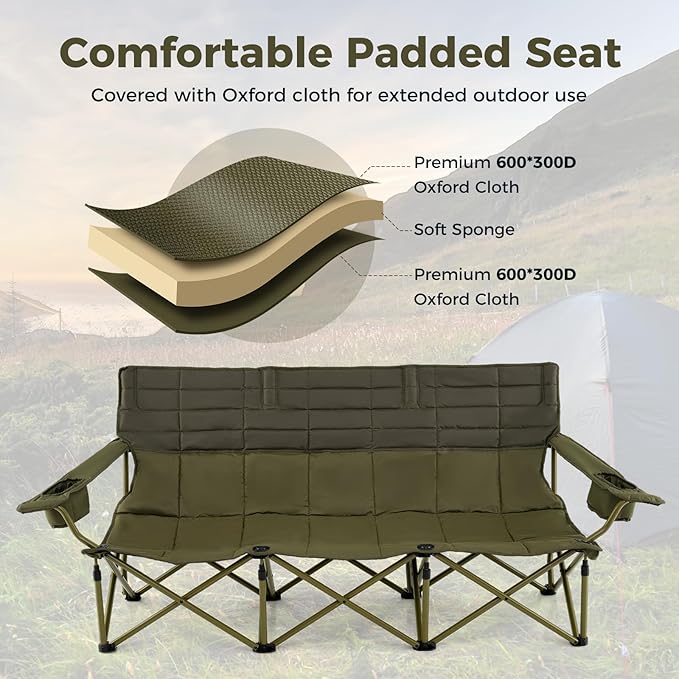 Tangkula 3 Person Oversized Camping Chair Fully Padded Folding Camp Chair with Adjustable Armrests Cup Holders Carrying Bag Portable Outdoor Lawn Chair for Camping Support 900LBS