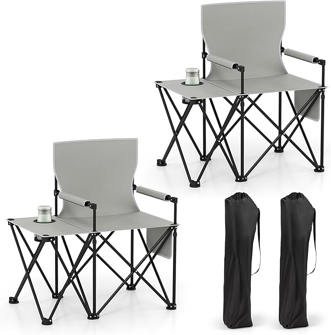 Goplus Oversized Camping Chair with Side Table Folding Heavy-Duty Picnic Chair w/ 2 Storage Pockets Cup Holder Padded Armrests Carrying Bag Portable Outdoor Chair for Fishing RV Trip (Gray2)