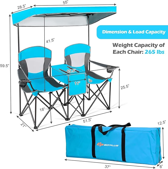 COSTWAY Double Camping Chair Portable Camping Chairs with Canopy Cup Holder Iced Bag Storage Bag Carrying Bag Folding Loveseat Camping Chair for Adults Outdoors Sport Blue