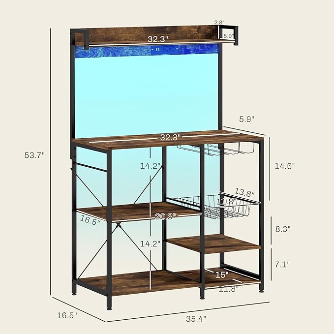 Rack with Power Outlet and LED Lights Bakers Racks for Kitchens with Storage Industrial Microwave Stand with Glass Holders Metal Basket Multiple Shelves Rustic Brown
