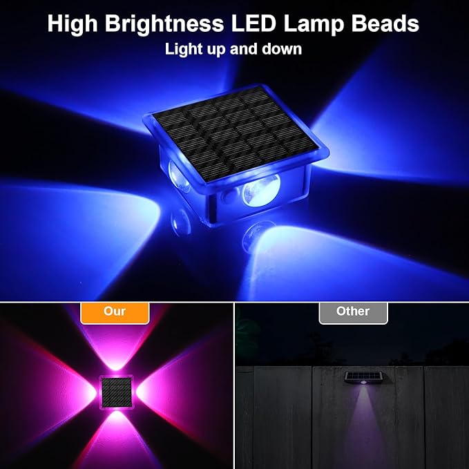 Solar Fence Lights Outdoor New 4-Way Lighting Fence Lights Solar Powered with 8 Modes Warm White/RGB IP65 Waterproof Solar Wall Light for Backyard Wall Pathway Deck Patio Decor - 12 Pack