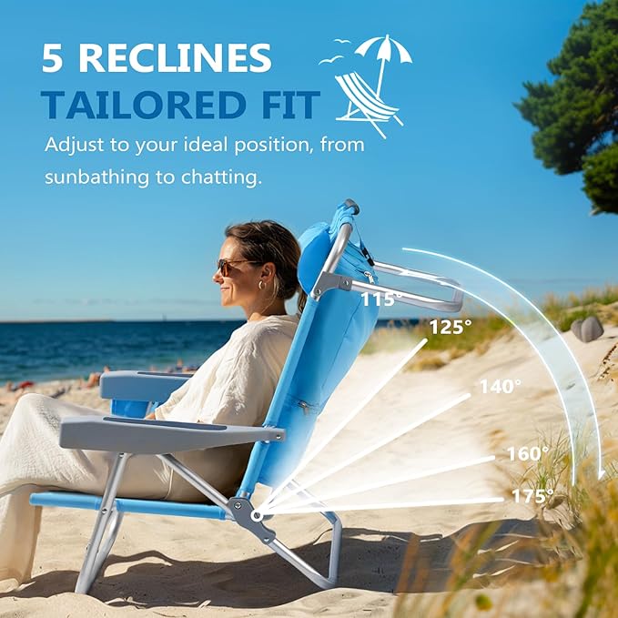 5-Position Aluminum Lay Flat Backpack Beach Chair 2 Pack Compact Portable Low Beach Chairs for Adults Beach Chair with Cooler Pouch Storage Pouch Towel Bar Cup Holder Blue