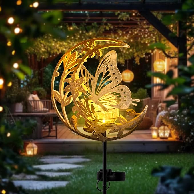 ShangTianFeng Butterfly Lights Outdoor Decor - Moon &amp Bird SolaGardenLights Waterproof Auto On/Off Pathway Lighting for Yard/Lawn/Patio Handcrafted Metal Solar-Stake-Lights for Outside Decoratio
