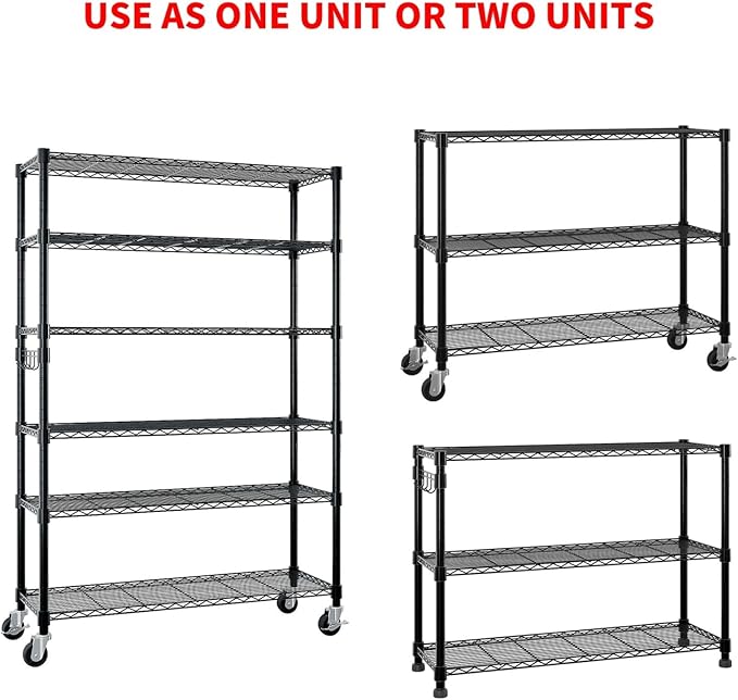 6-Story Storage Rack Adjustable Heavy-Duty Steel Wire Rack With Wheels/Leveling Feet Suitable For Garages Kitchens Laundry Rooms And Basements (Black 46.06 Inches X 17.71 Inches X 81.88 Inches)
