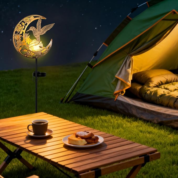 Solar Hummingbird Lights Outdoor Decor - Moon &amp Bird SolaGardenLights Waterproof Auto On/Off Pathway Lighting for Yard/Lawn/Patio Handcrafted Metal Solar-Stake-Lights for Outside Decorations