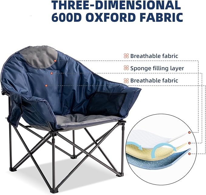 Oversized Camping Chair Padded Moon Saucer Chair Set of 2 with Cup Holder &amp Carry Bag Heavy Duty 500lbs Capacity Folding Outdoor Lounge Chair for Lawn Patio Sports - Blue &amp Gray