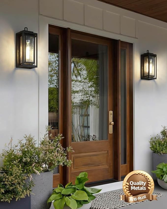 KIZON 15 Modern Outdoor Wall Lights with Seeded Glass Waterproof Black Outdoor Sconce Lights with LED Bulb Included Large Metal Exterior Lighting Fixtures for Porch Garage Entryway Patio